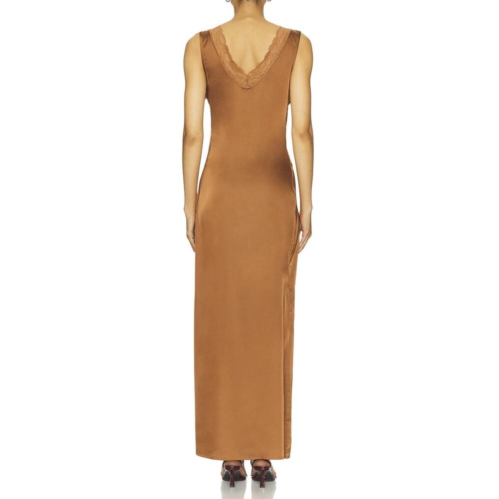 Lioness NWT Simi Umber Brown Satin Lace Trim Maxi Slip Dress Large - Picture 2 of 7